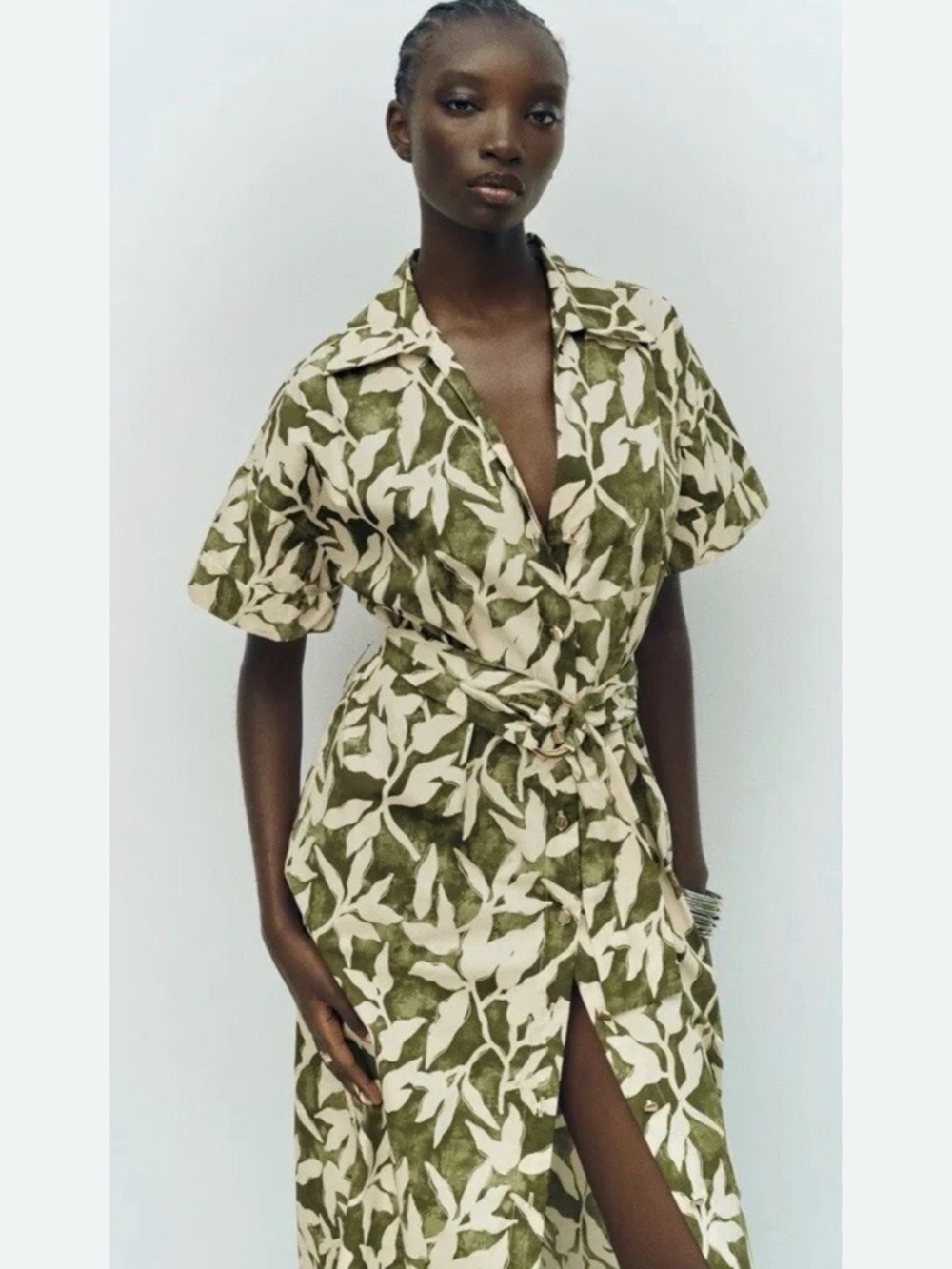 Zara Olive Green and Cream Leaf-Print Wrap Dress